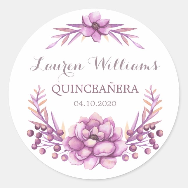Purple watercolor floral quinceanera Sticker (Front)
