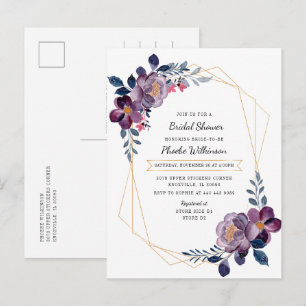 Purple Watercolor Floral Rustic Bridal Shower Invitation Postcard
