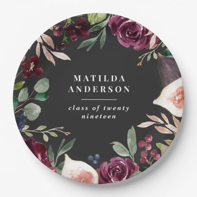 Purple watercolor floral + script graduation day paper plate (Front)