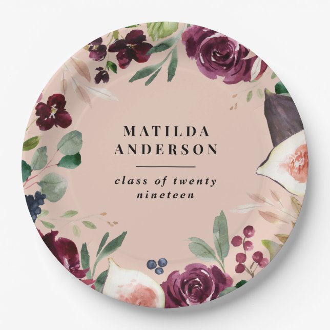 Purple watercolor floral + script graduation day paper plate (Front)