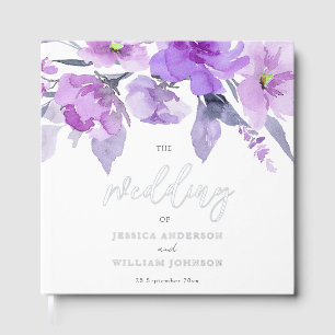 Purple Watercolor Floral Silver Foil Wedding Guest Book