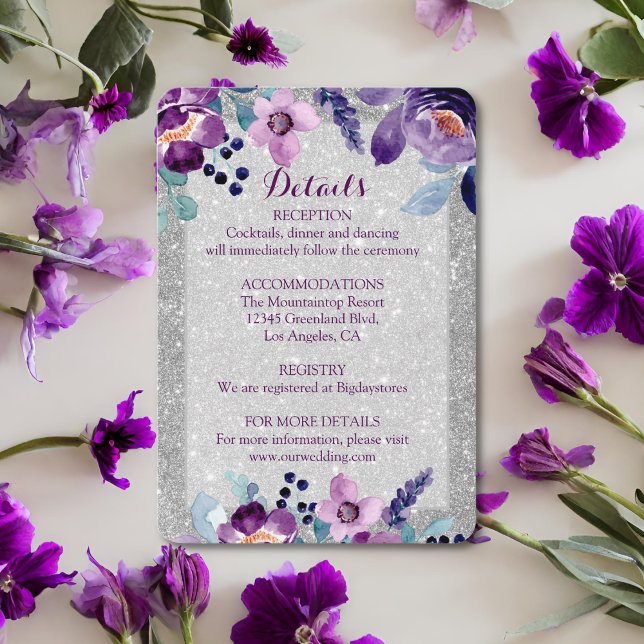 Purple Watercolor Floral & Silver Glitter Wedding Enclosure Card (Creator Uploaded)