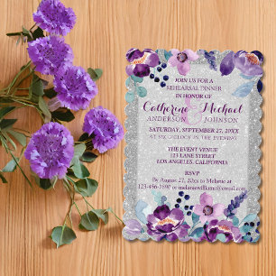 Purple Watercolor Floral & Silver Glitter Wedding Invitation