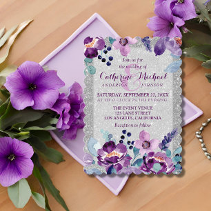 Purple Watercolor Floral & Silver Glitter Wedding Invitation