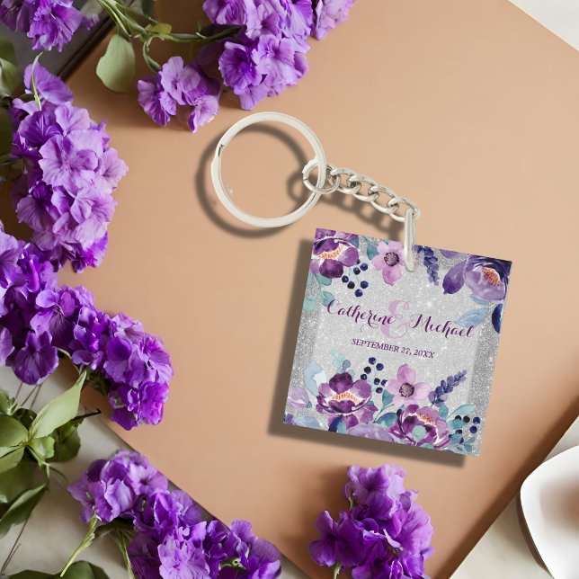 Purple Watercolor Floral & Silver Glitter Wedding Key Ring (Creator Uploaded)