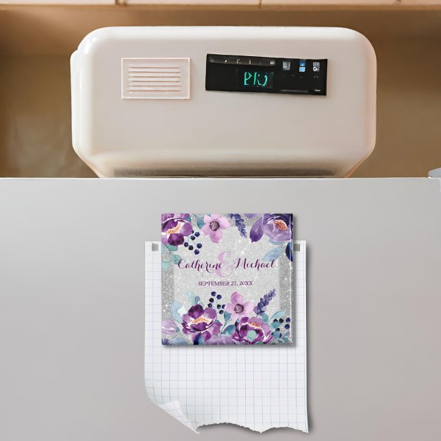 Purple Watercolor Floral & Silver Glitter Wedding Magnet (Creator Uploaded)