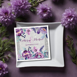 Purple Watercolor Floral & Silver Glitter Wedding Napkin