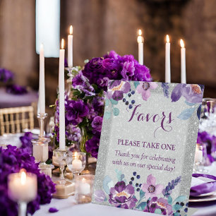 Purple Watercolor Floral & Silver Glitter Wedding Pedestal Sign