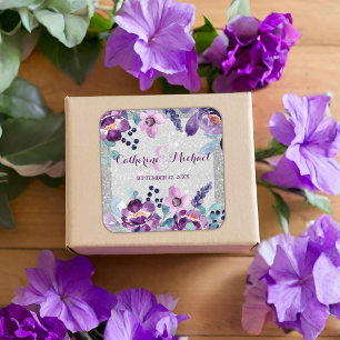 Purple Watercolor Floral & Silver Glitter Wedding Square Sticker