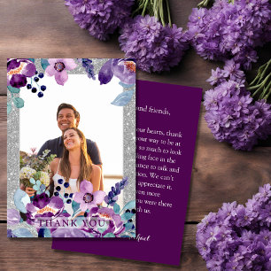 Purple Watercolor Floral & Silver Glitter Wedding Thank You Card