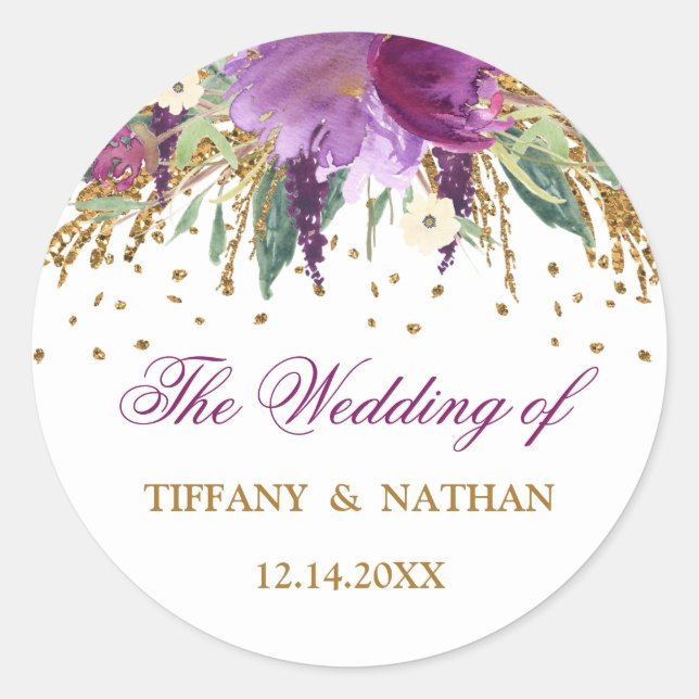Purple Watercolor Floral Sparkling Amethyst Classic Round Sticker (Front)