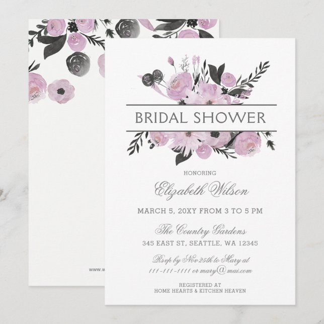 Purple Watercolor Floral Spring Bridal Shower Invitation (Front/Back)