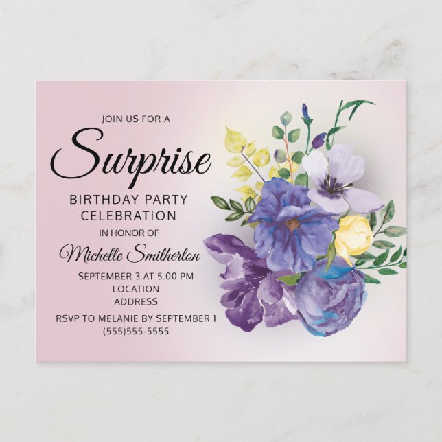 Purple Watercolor Floral Surprise Pink Birthday Postcard (Front)