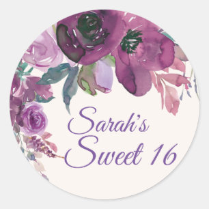 Purple Watercolor Floral Sweet 16 Birthday Classic Round Sticker