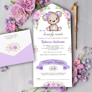Purple Watercolor Floral Teddy Bear Baby Shower All In One Invitation