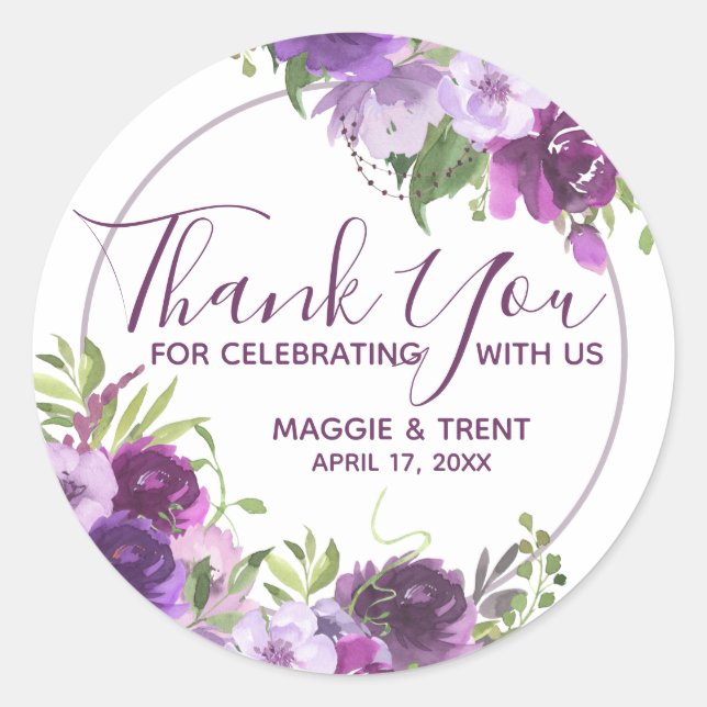Purple Watercolor Floral Thank You Classic Round Sticker (Front)