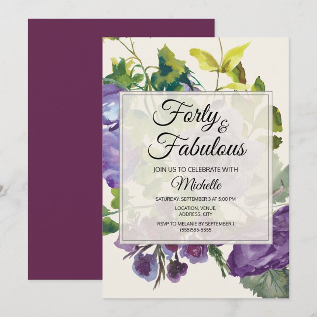 Purple Watercolor Floral Vines 40th Birthday Invitation (Front/Back)
