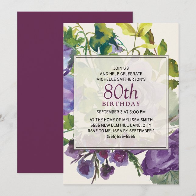 Purple Watercolor Floral Vines 80th Birthday Invitation (Front/Back)