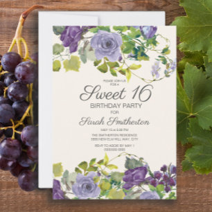 Purple Watercolor Floral Vines Sweet 16 Invitation