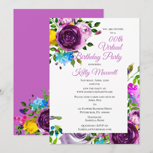Purple Watercolor Floral Virtual Birthday Party Invitation (Front/Back)