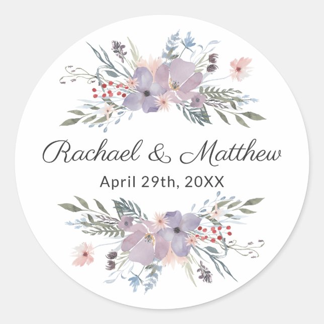 Purple Watercolor Floral Wedding Favour Classic Round Sticker (Front)