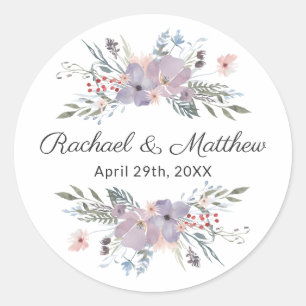 Purple Watercolor Floral Wedding Favour Classic Round Sticker