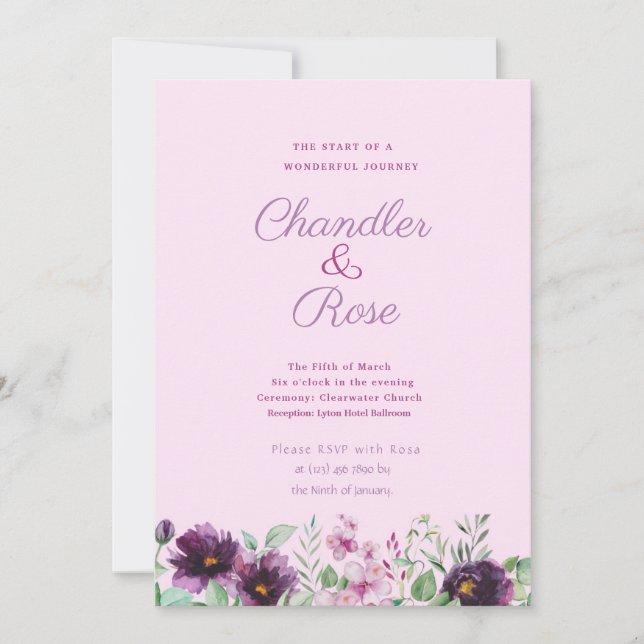 Purple Watercolor Floral Wedding Invitation (Front)