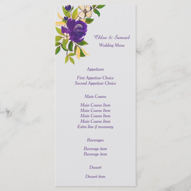 Purple Watercolor Floral Wedding Menu (Front)