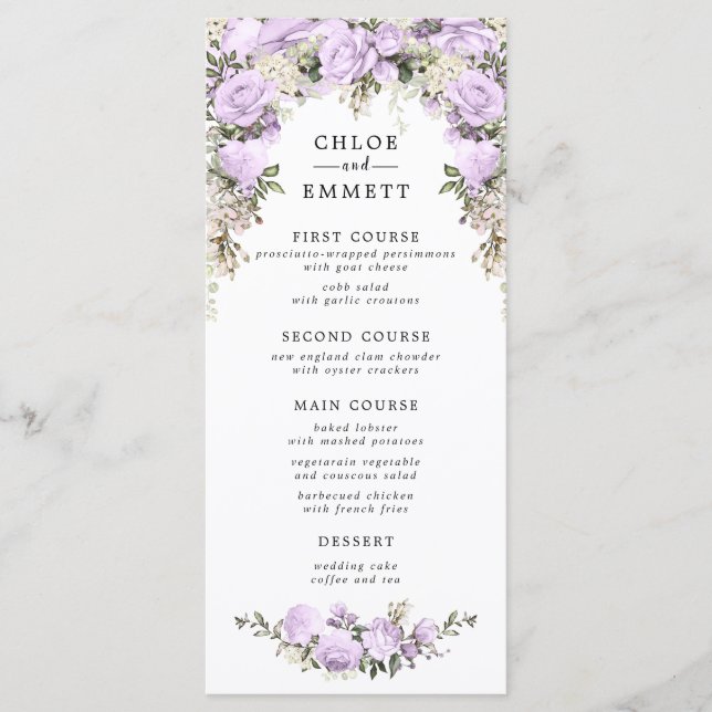 Purple Watercolor Floral Wedding Menu (Front)