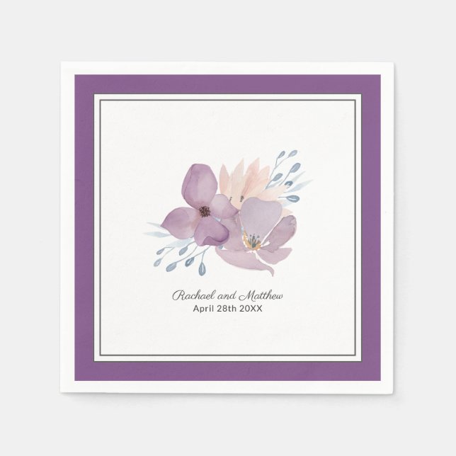 Purple Watercolor Floral Wedding Napkin (Front)