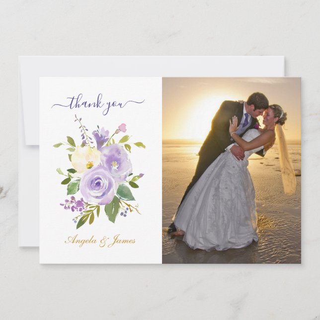 Purple Watercolor Floral Wedding Photo Thank You Card (Front)