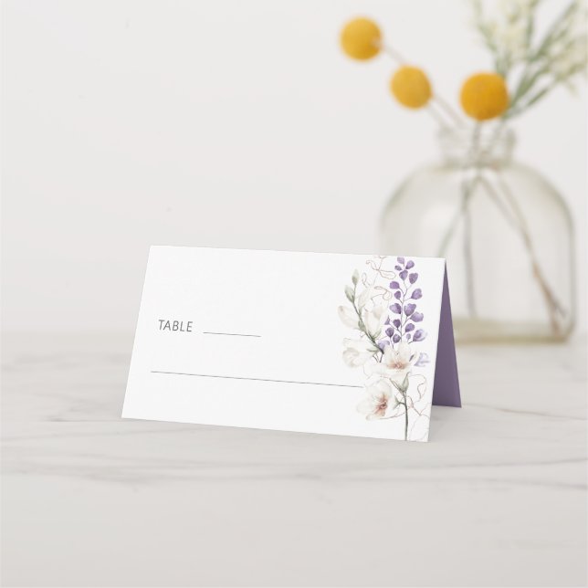 Purple Watercolor Floral Wedding Place Card (Front)