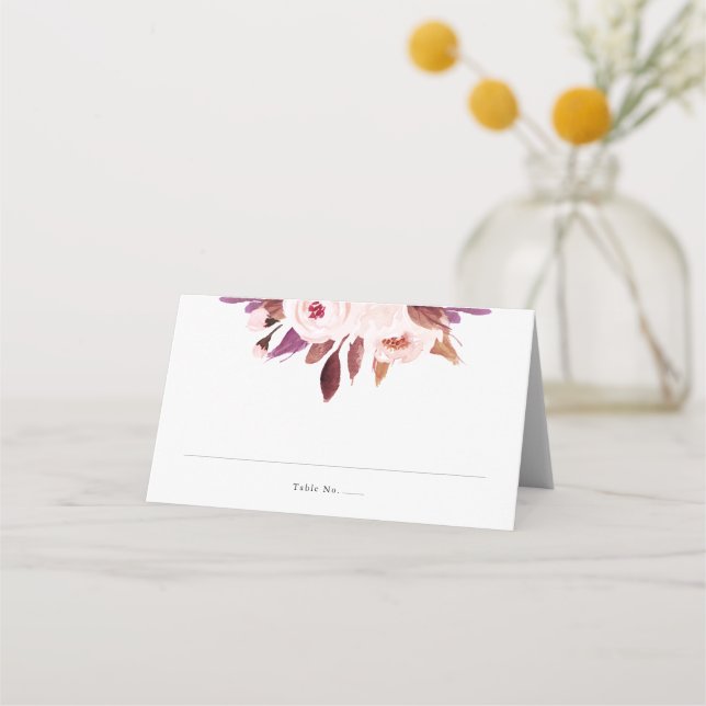 Purple Watercolor Floral Wedding Place Card (Front)