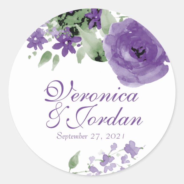 Purple Watercolor Floral Wedding Stickers (Front)