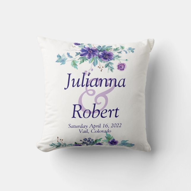 Purple watercolor floral wedding  throw pillow (Front)