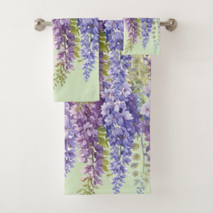 Purple watercolor floral wisteria lilac botanical bath towel set