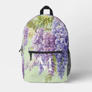 Purple watercolor floral wisteria lilac botanical printed backpack