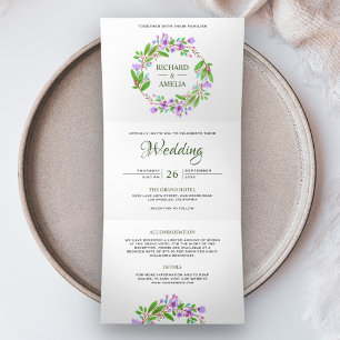 Purple Watercolor Floral Wreath Photo Wedding Tri-Fold Invitation