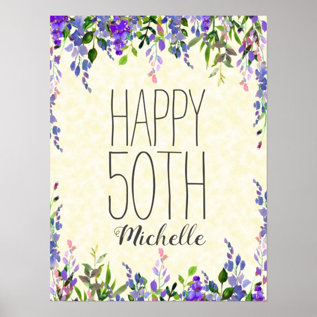Purple Watercolor Floral Yellow 50th Birthday Poster (Front)