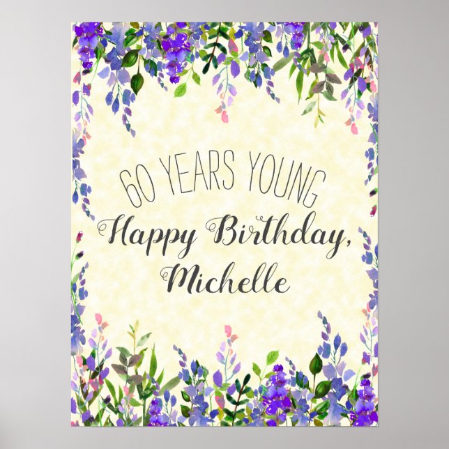 Purple Watercolor Floral Yellow 60th Birthday Poster (Front)