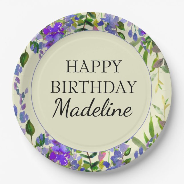 Purple Watercolor Floral Yellow Birthday Party Paper Plate (Front)
