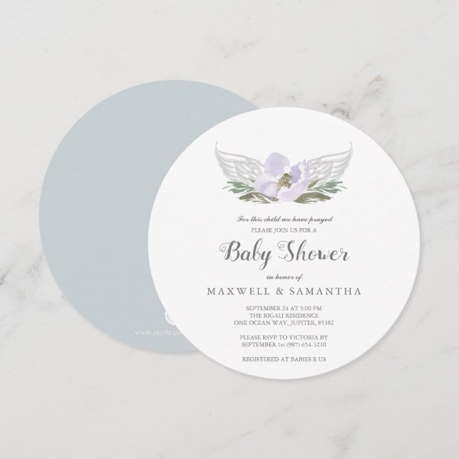 Purple Watercolor Florals Angel Wings Baby Shower Invitation (Front/Back)