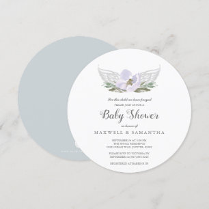 Purple Watercolor Florals Angel Wings Baby Shower Invitation