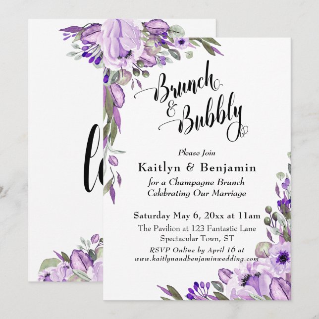 Purple Watercolor Florals Brunch & Bubbly Invitation (Front/Back)