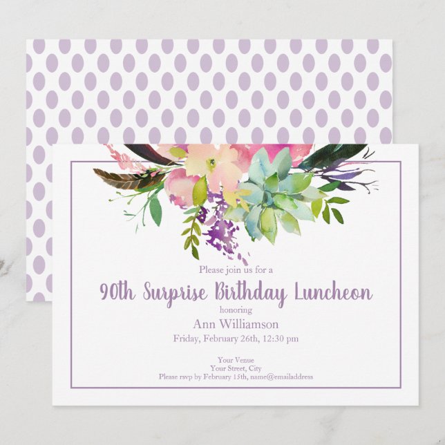 Purple Watercolor Flower 90th Surprise Birthday Invitation (Front/Back)