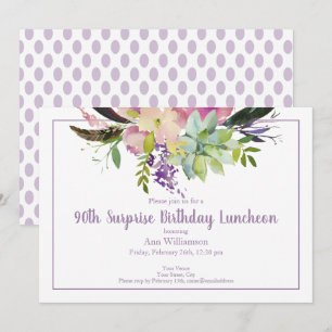 Purple Watercolor Flower 90th Surprise Birthday Invitation