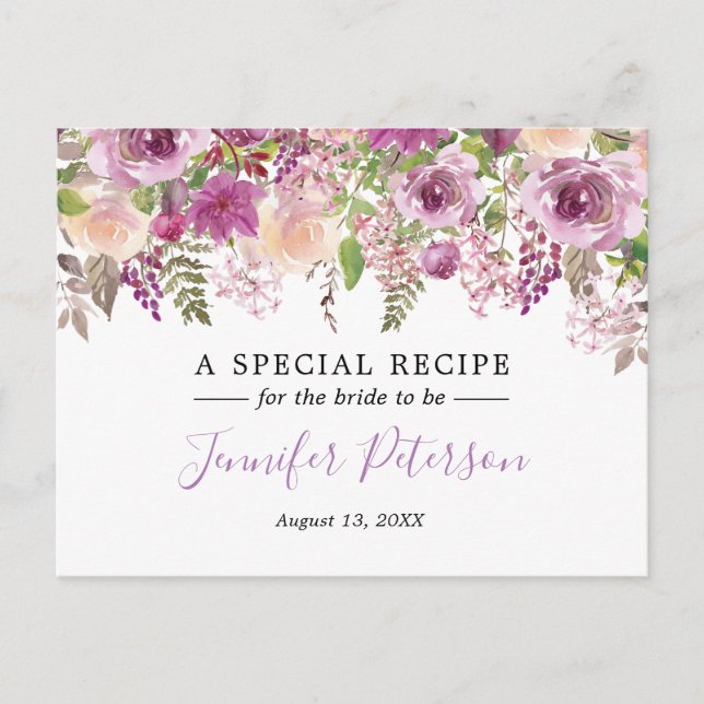 Purple Watercolor Flower Bridal Shower Recipe Card (Front)
