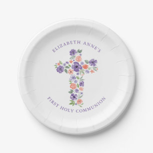 Purple Watercolor Flower Cross First Communion Paper Plate