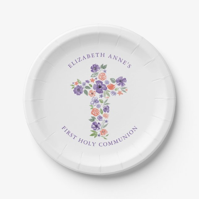 Purple Watercolor Flower Cross First Communion Paper Plate (Front)