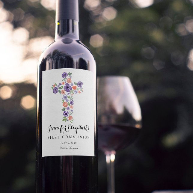 Purple Watercolor Flower Cross First Communion Wine Label (Creator Uploaded)